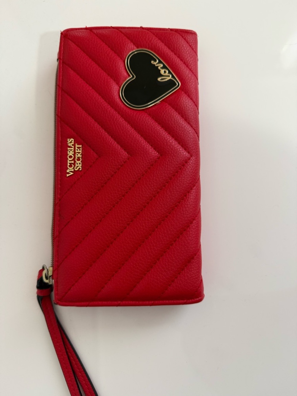 Victoria's Secret Red Quilted Wristlet Wallet with Black Heart Detail